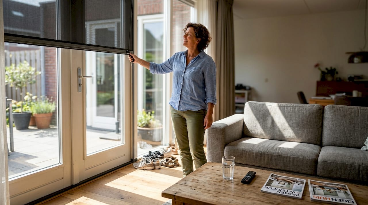 Een bewoner stelt de zonwering buiten af om het binnen zo aangenaam mogelijk te maken   RDT concept