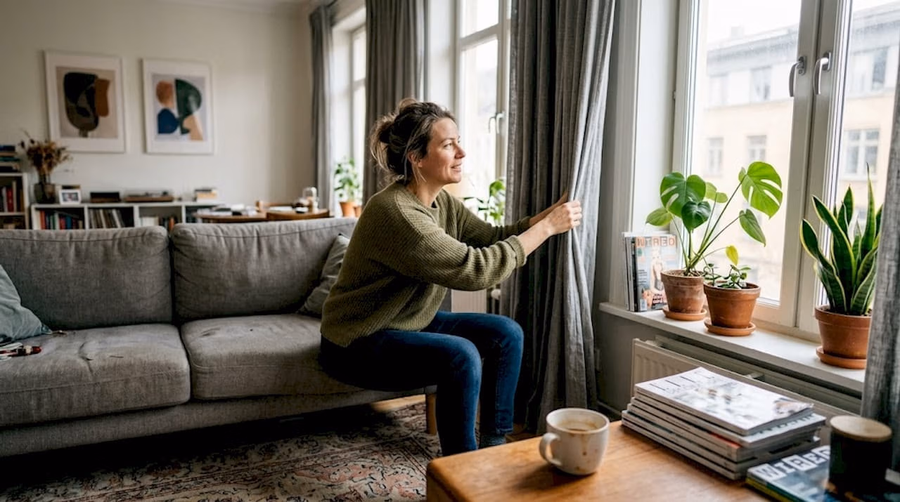 Een vrouw schuift de gordijnen opzij in haar stadsappartement   RDT concept