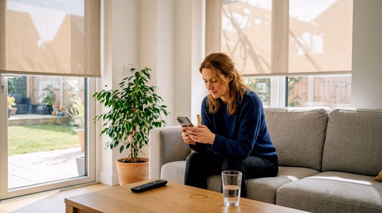 Een vrouw stelt met haar smartphone de slimme zonwering in de woonkamer in   RDT concept