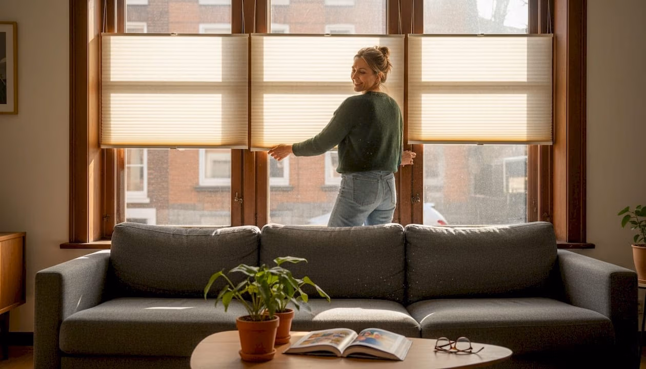 Een vrouw doet de isolerende gordijnen in de woonkamer dicht   RDT concept