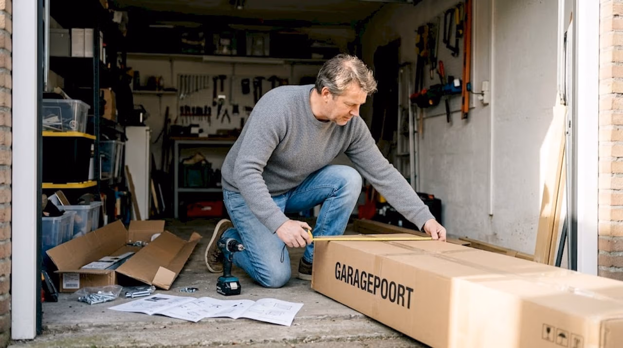 Man treft voorbereidingen voor het plaatsen van een garagedeur   RDT concept