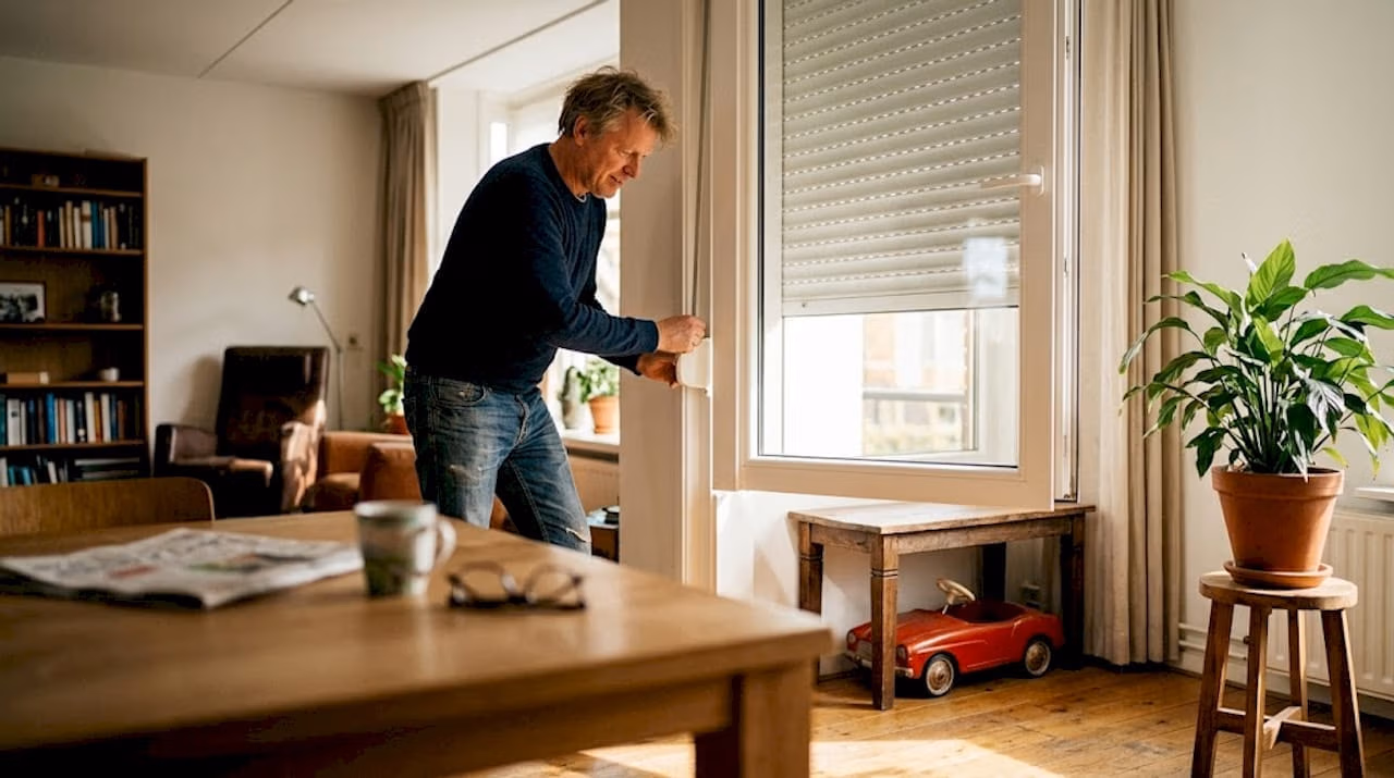 Om energie te besparen doet een man het rolluik in de woonkamer dicht   RDT concept