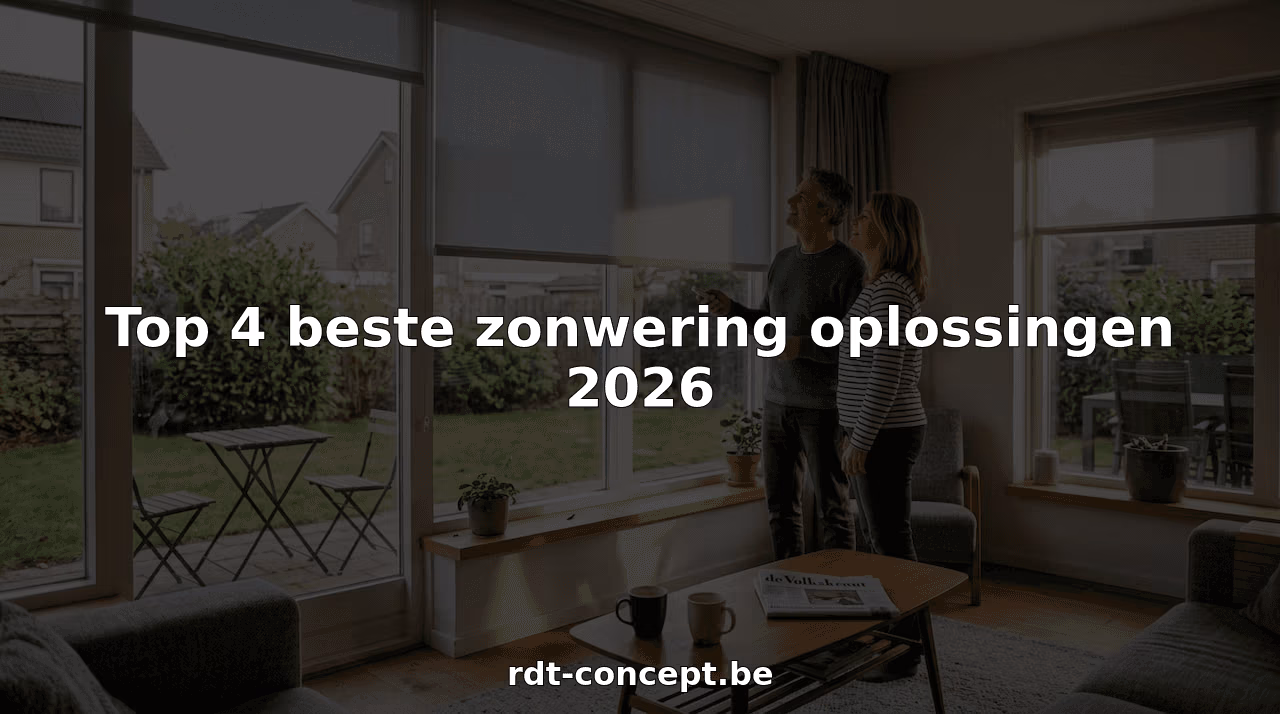 Een stel is bezig de zonwering in hun moderne woonkamer bij te stellen   RDT concept