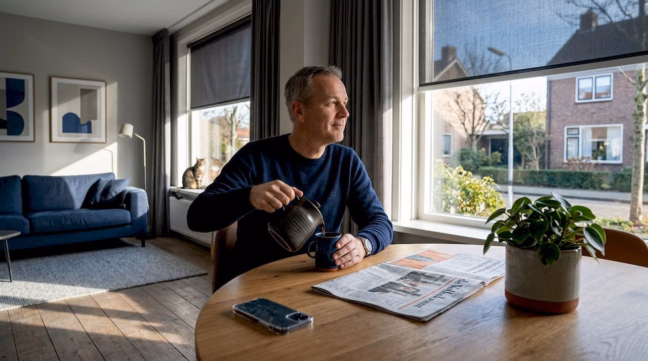 Een man staat bij het raam waar zowel binnen  als buitenzonwering aanwezig is   RDT concept