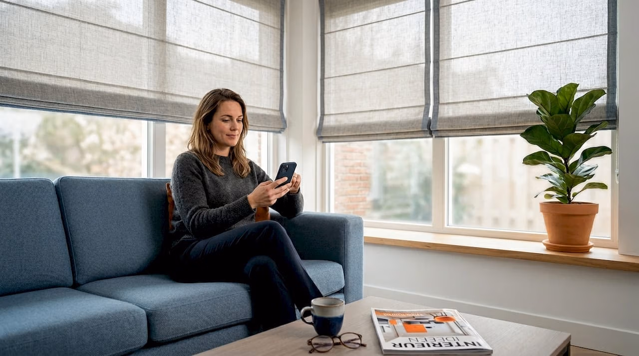 Vrouw stelt haar zonwering eenvoudig in met haar smartphone   RDT concept