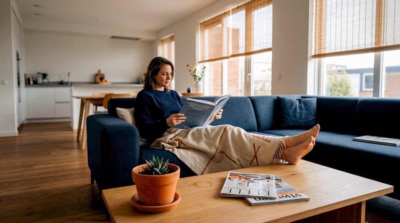 Een vrouw zit ontspannen te lezen in een stijlvolle duurzaam ingerichte woonkamer   RDT concept