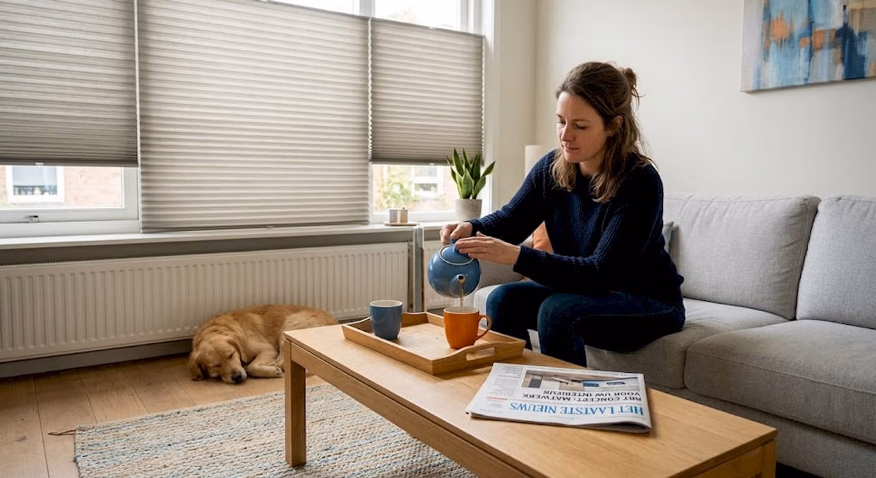 Een vrouw giet thee in bij het raam waar zachte gordijnen hangen   RDT concept