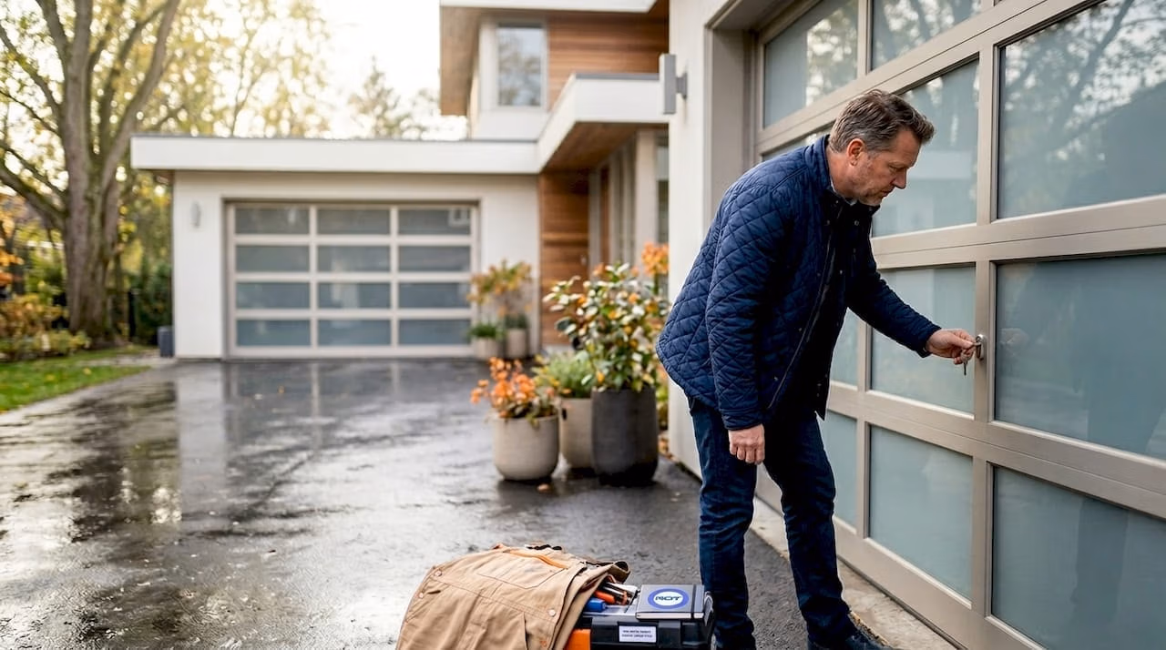Een man kijkt of het slot van de garagepoort goed werkt   RDT concept