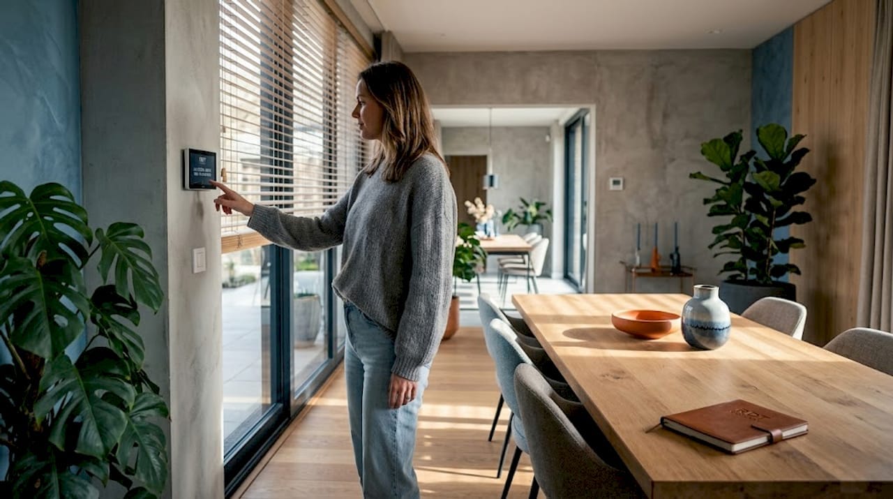 Een vrouw stelt de slimme raamdecoratie in de woonkamer eenvoudig in via haar smartphone   RDT concept