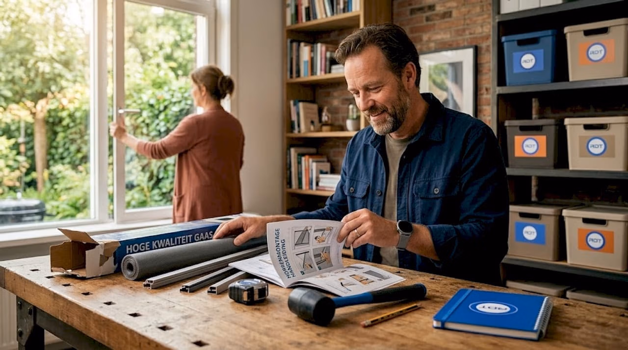 Een woningeigenaar selecteert materialen om insecten buiten de deur te houden   RDT concept