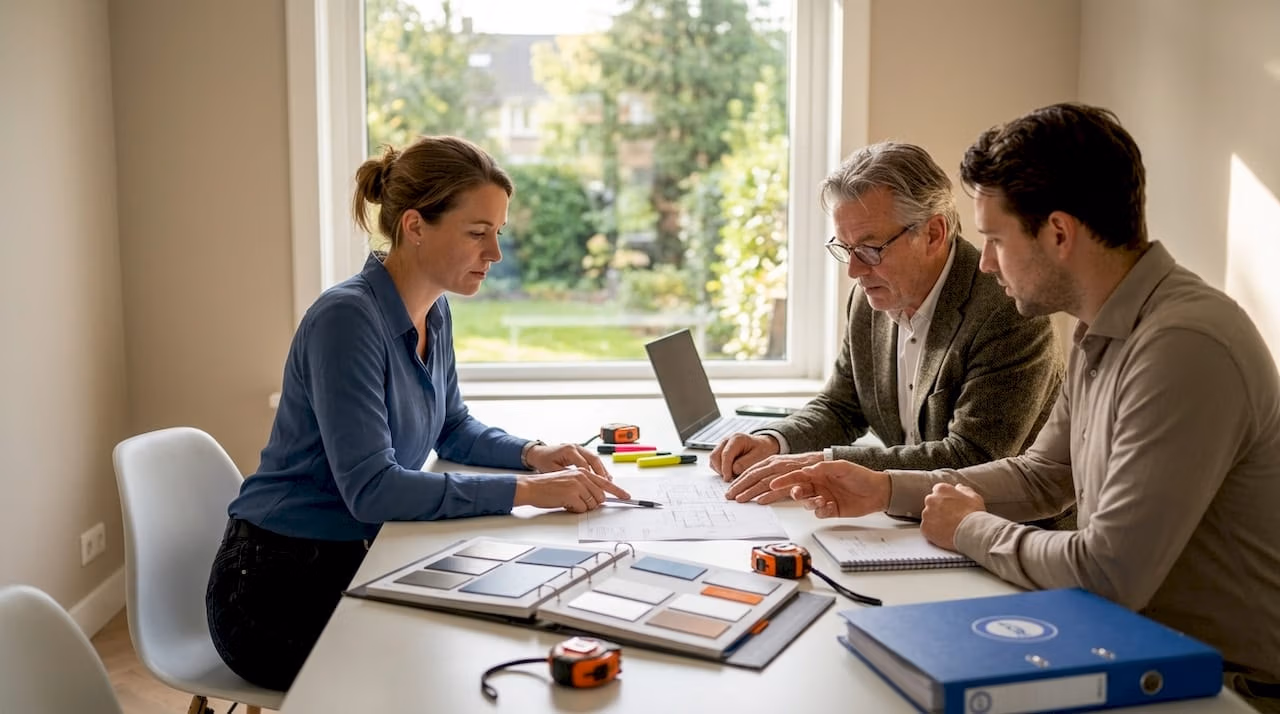 Het bouwteam schuift samen aan om de plannen voor een renovatie op maat te bespreken   RDT concept