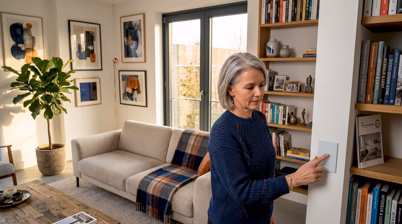 Een vrouw stelt de slimme verlichting in haar woonkamer bij   RDT concept