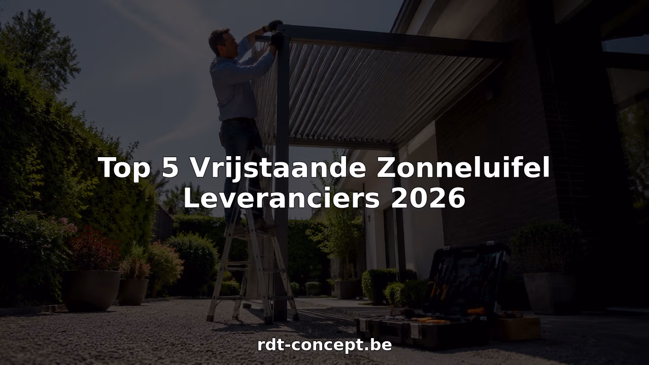 Een monteur plaatst buiten een vrijstaande zonwering   RDT concept