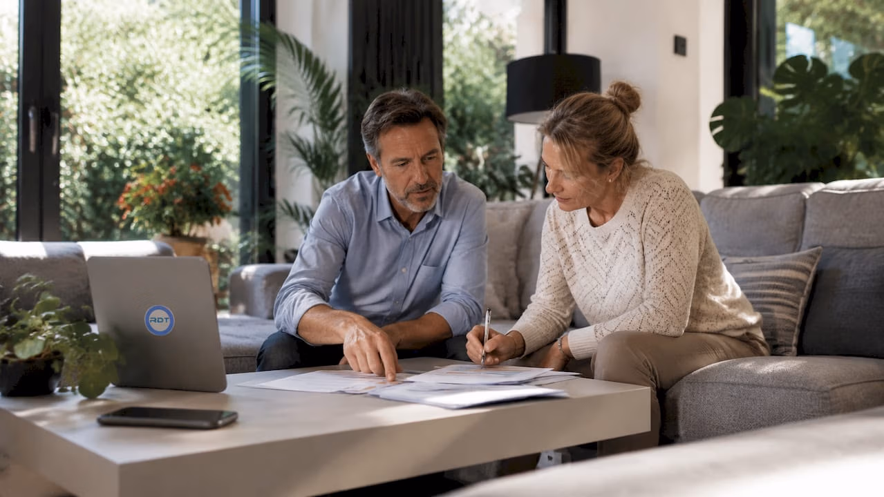 1783127590931_Couple-reviewing-rolluiken-offerte-at-kitchen-table - RDT-concept Een stel zit samen aan de keukentafel om een offerte voor rolluiken door te nemen.