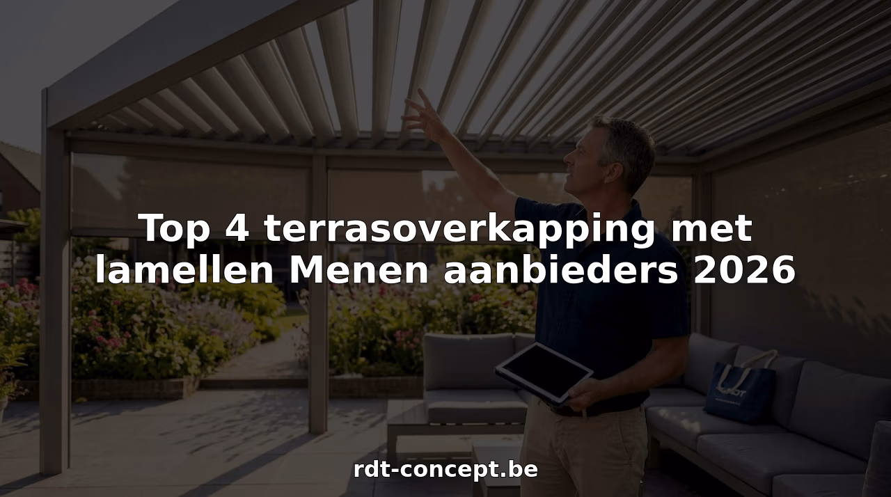 Een man bekijkt de lamellen van een terrasoverkapping buiten om te controleren of alles goed werkt.