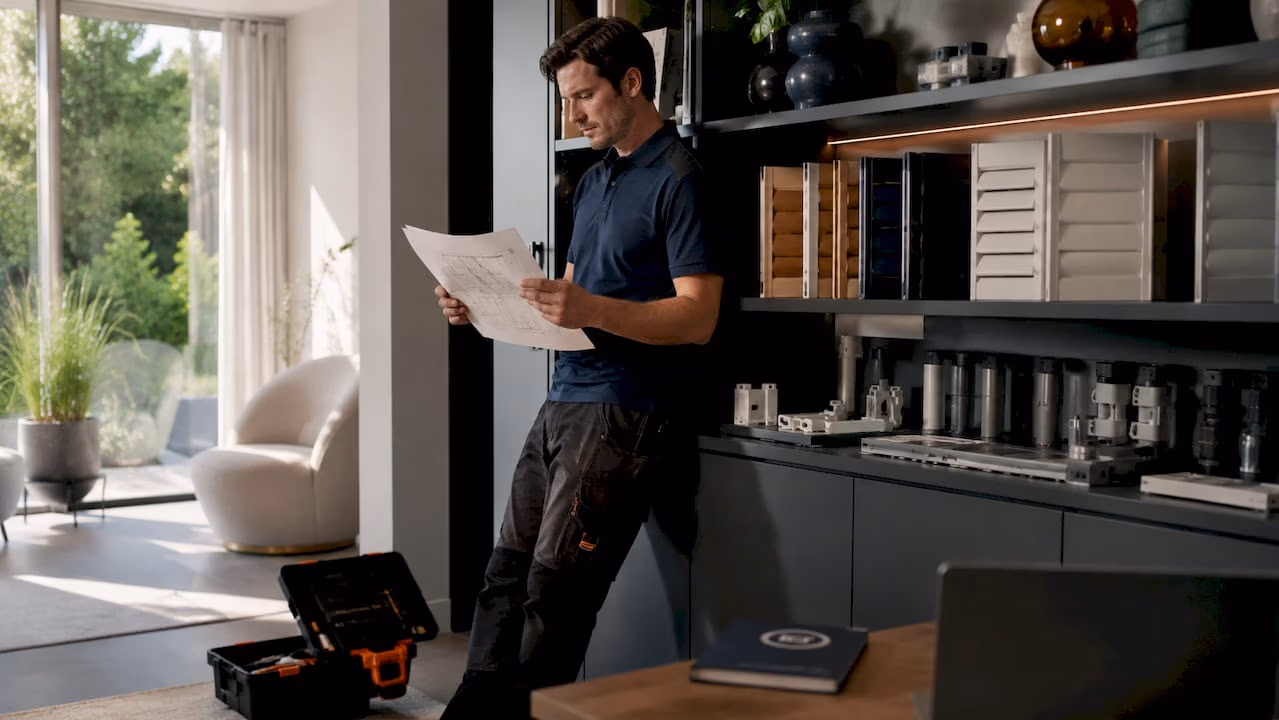 Rolluikenexpert bespreekt plannen tijdens de werkplaatsbijeenkomst