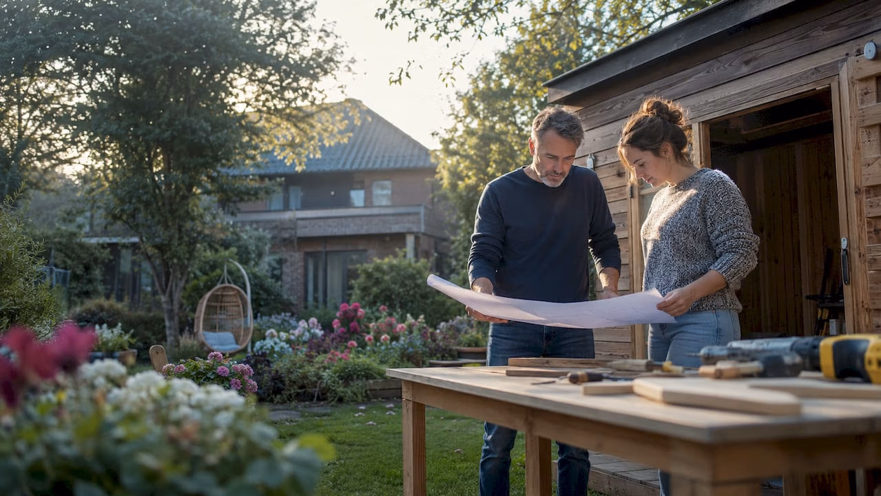 Man bekijkt bouwtekeningen van een pergola op het terras.