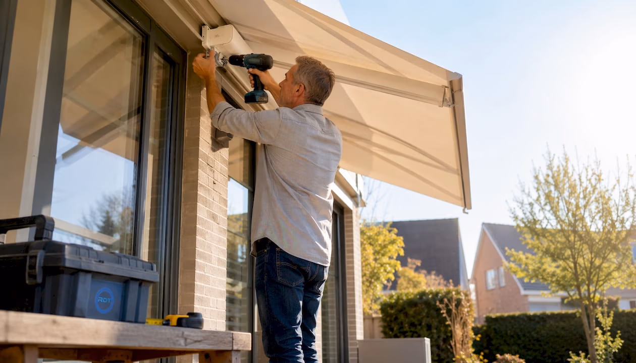 Monteur plaatst zonwering boven terrasdeur &ndash; vacature monteur zonwering bij RDT Concept Menen