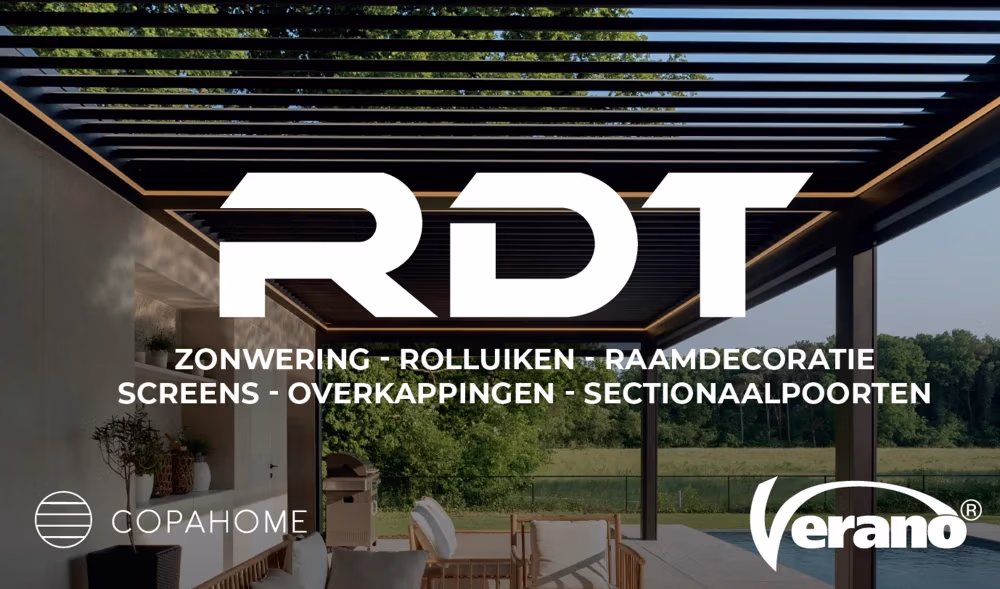 RDT Concept logo - raamdecoratie en zonwering Menen - RDT Concept Promotional banner for RDT with services in Dutch and CopahomeVerano logos on a patio backdrop RDT Concept