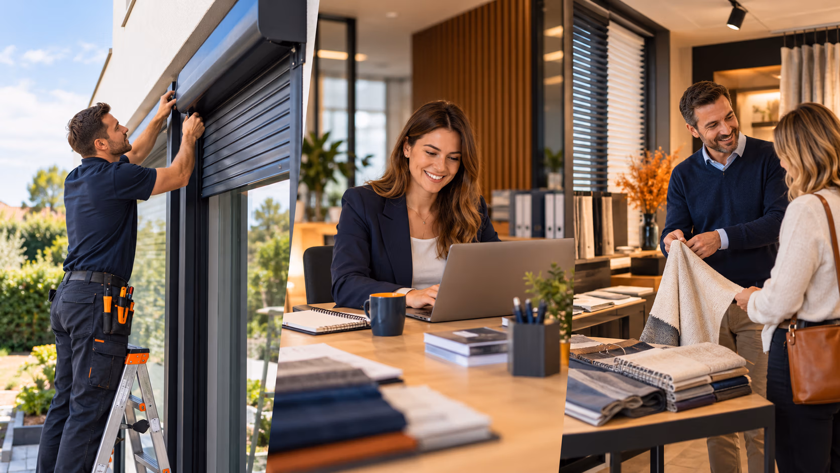 Vacatures RDT Concept Menen – Monteur, Administratie en Verkoop - RDT Concept Three panel collage worker installing storefront shutter woman typing at a desk and couple examining fabric swatches in a showroom RDT Concept