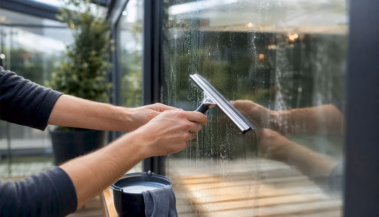Glazen terrasoverkapping wordt streeploos schoongemaakt