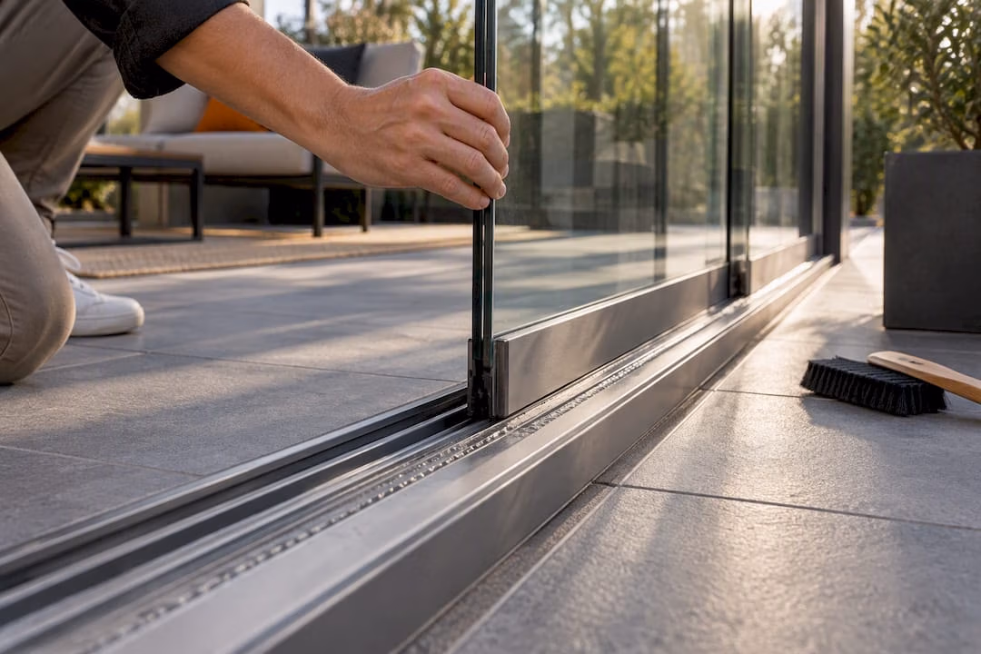 Glaspaneel schuift langs de pergolarail