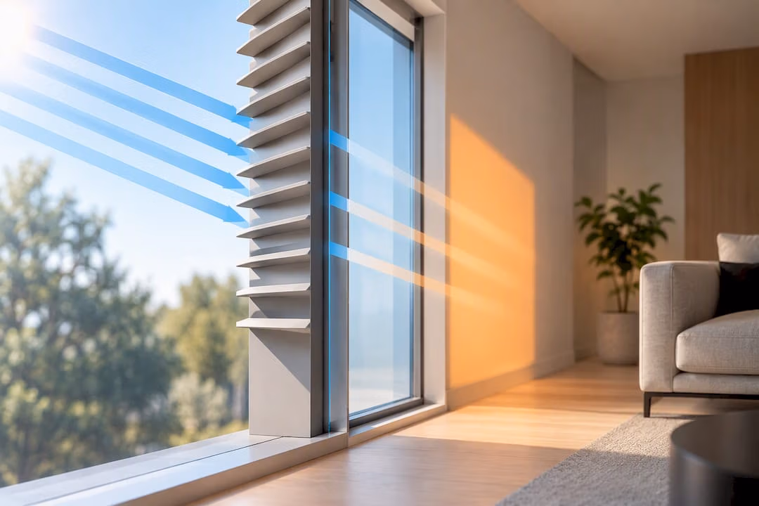 Illustratie van zonnestraling door glas en zonwering