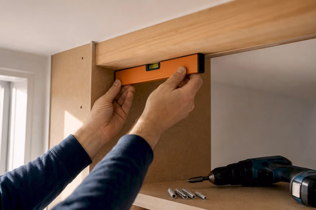 Waterpas gebruikt om MDF-kozijn bij rolluikkast te controleren