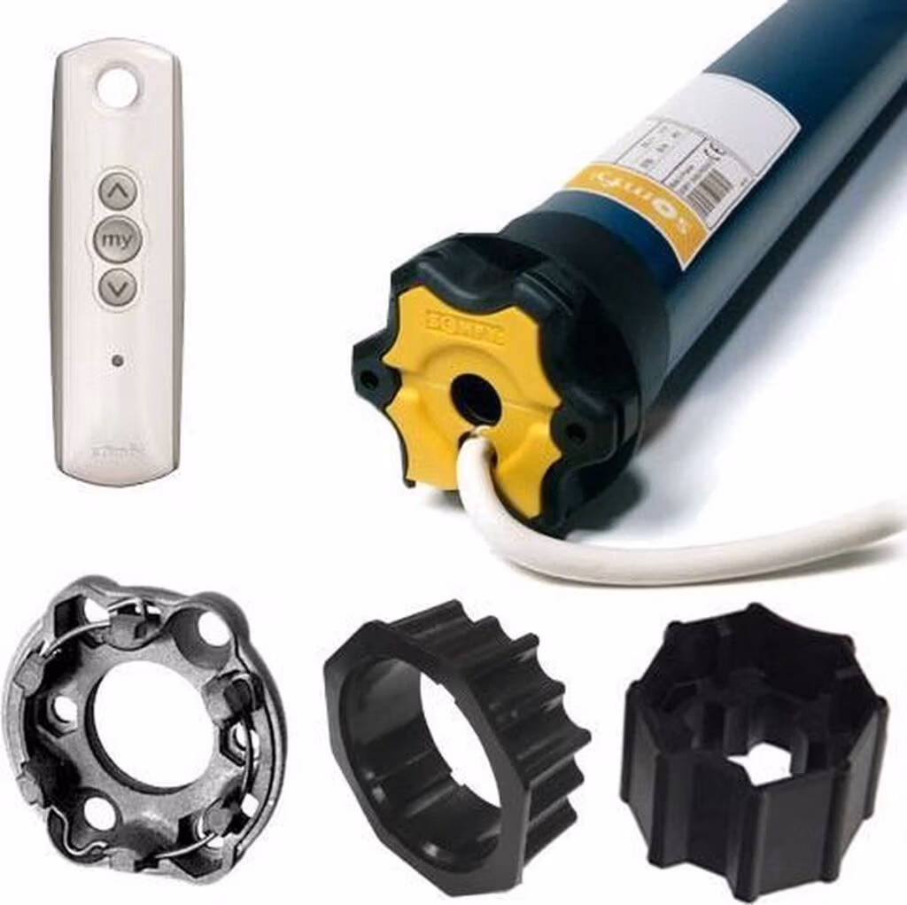 Somfy buismotor en onderdelen rolluik - RDT Concept Somfy buismotor met adapters en afstandsbediening om een rolluik te motoriseren en automatisch te sturen RDT Concept