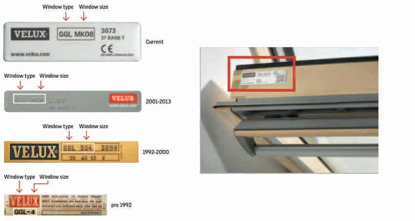 VELUX typeplaatje vinden: voorbeelden van raamtype, maatcode en productiecode op het geopende dakraam