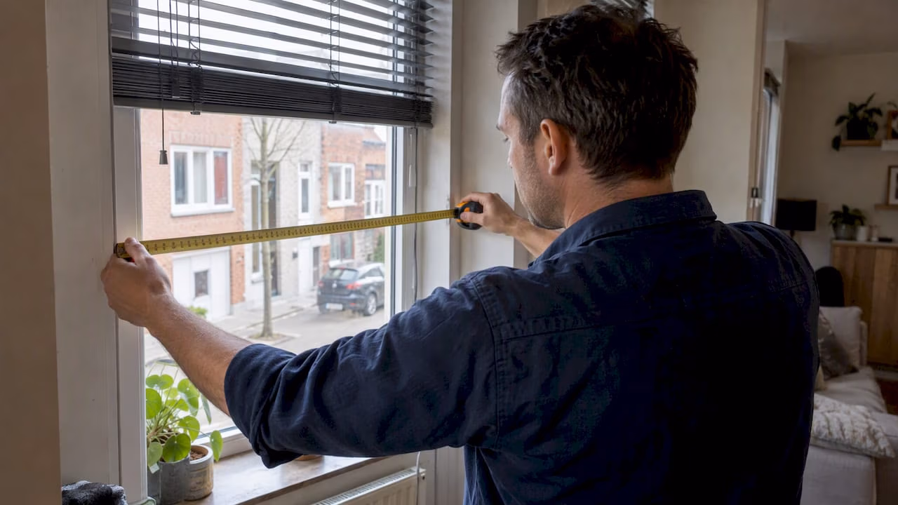 Monteur neemt maat van een raam voor jaloezieën op maat