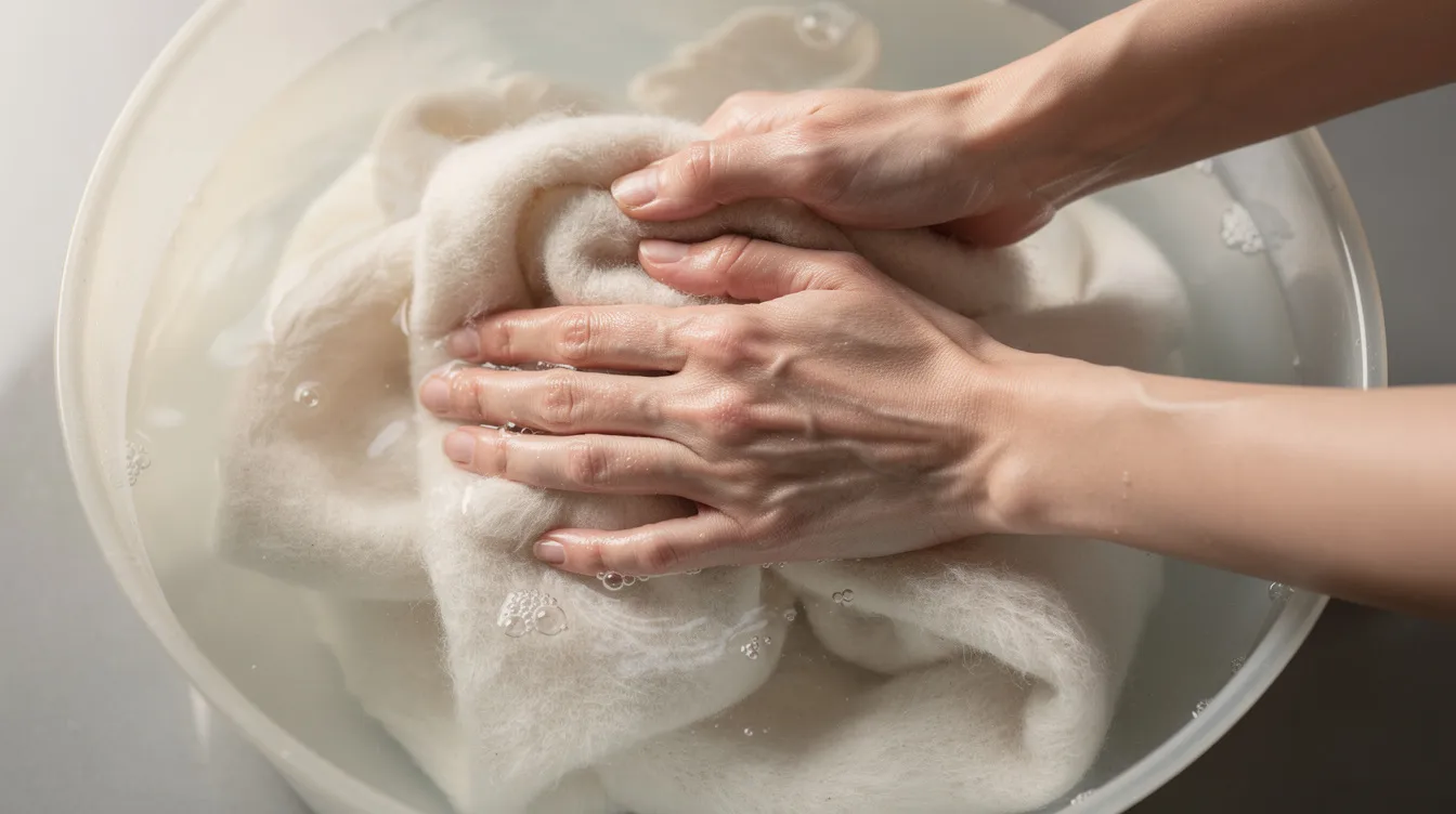 Een paar handen wassen zachte stof in een grote bak met koud water, waarbij ze voorzichtig een klein beetje mild wasmiddel gebruiken om de delicate gordijnen schoon te maken. De handen zijn bezig met het grondig reinigen van de kwetsbare stof om nare geurtjes en vlekken te verwijderen.