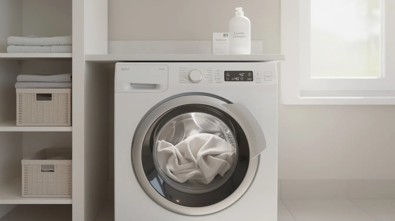 Een moderne wasmachine staat in een opgeruimde wasruimte, gevuld met lichte gordijnstof, klaar om de gordijnen te wassen. De ruimte is netjes en georganiseerd, wat een gevoel van rust en efficiëntie uitstraalt.