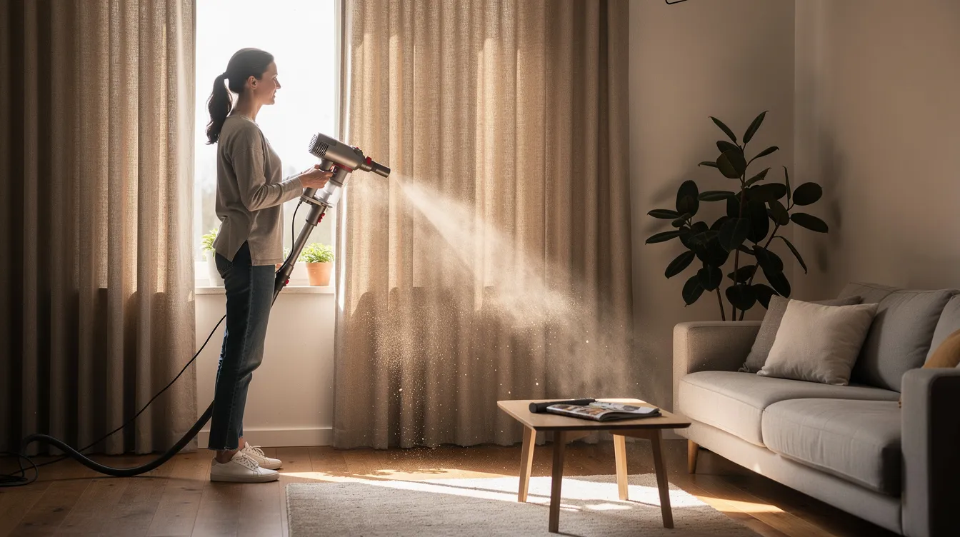 Een persoon stofzuigt voorzichtig de velours gordijnen in een woonkamer, waarbij een speciaal opzetstuk wordt gebruikt om de delicate stoffen niet te beschadigen. Dit helpt om nare geurtjes en stof te verwijderen, zodat de gordijnen langer mooi blijven.