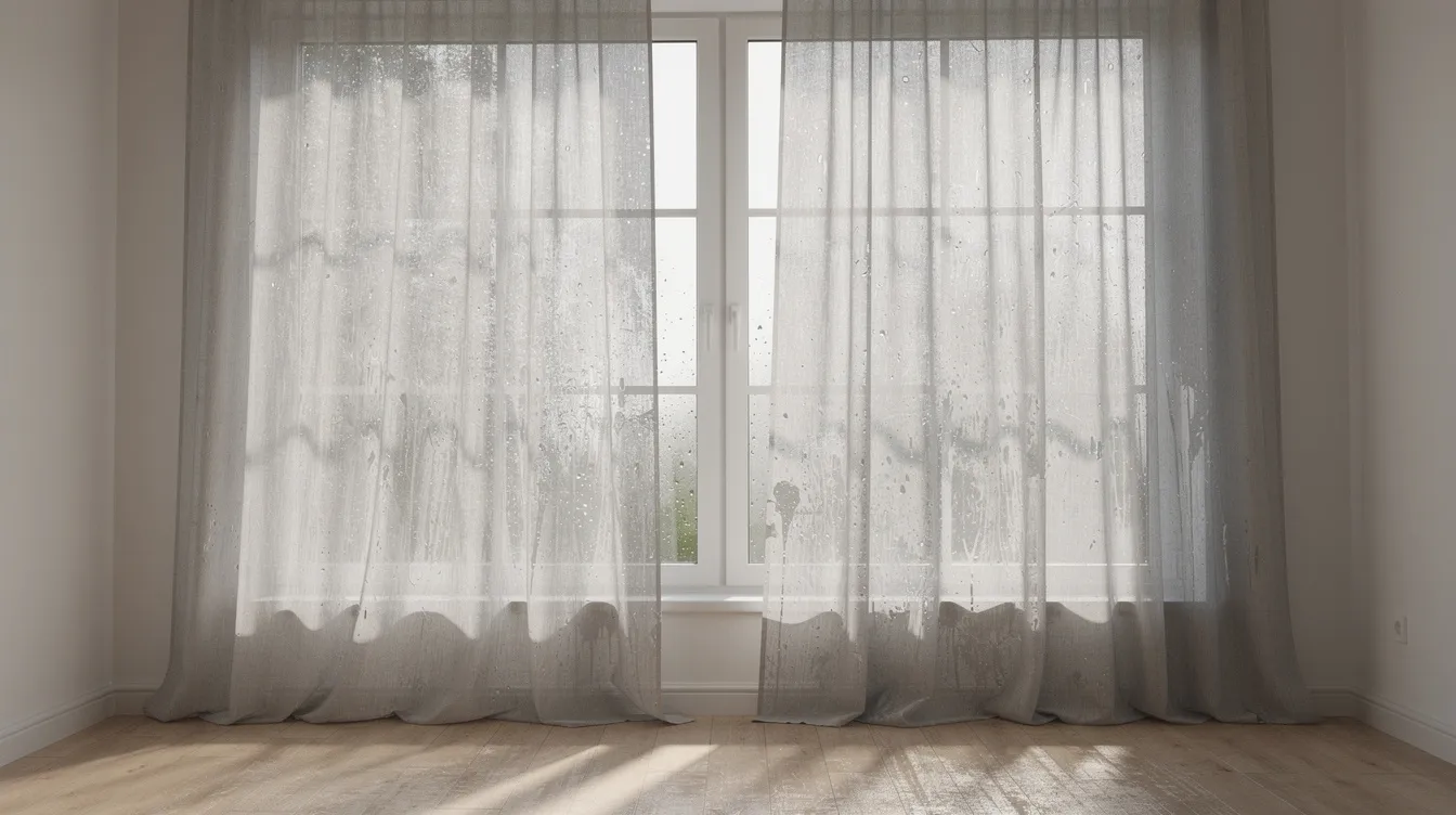 In een lichte kamer hangen lange, natte velours gordijnen aan een raam te drogen. De gordijnen zijn voorzichtig gewassen en hangen nu kreukvrij, klaar om weer te stralen in de zon.